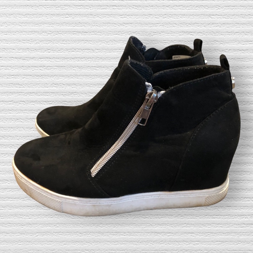 Steve Madden Black Wedge Sneaker Boot with Silver Zipper Detail
